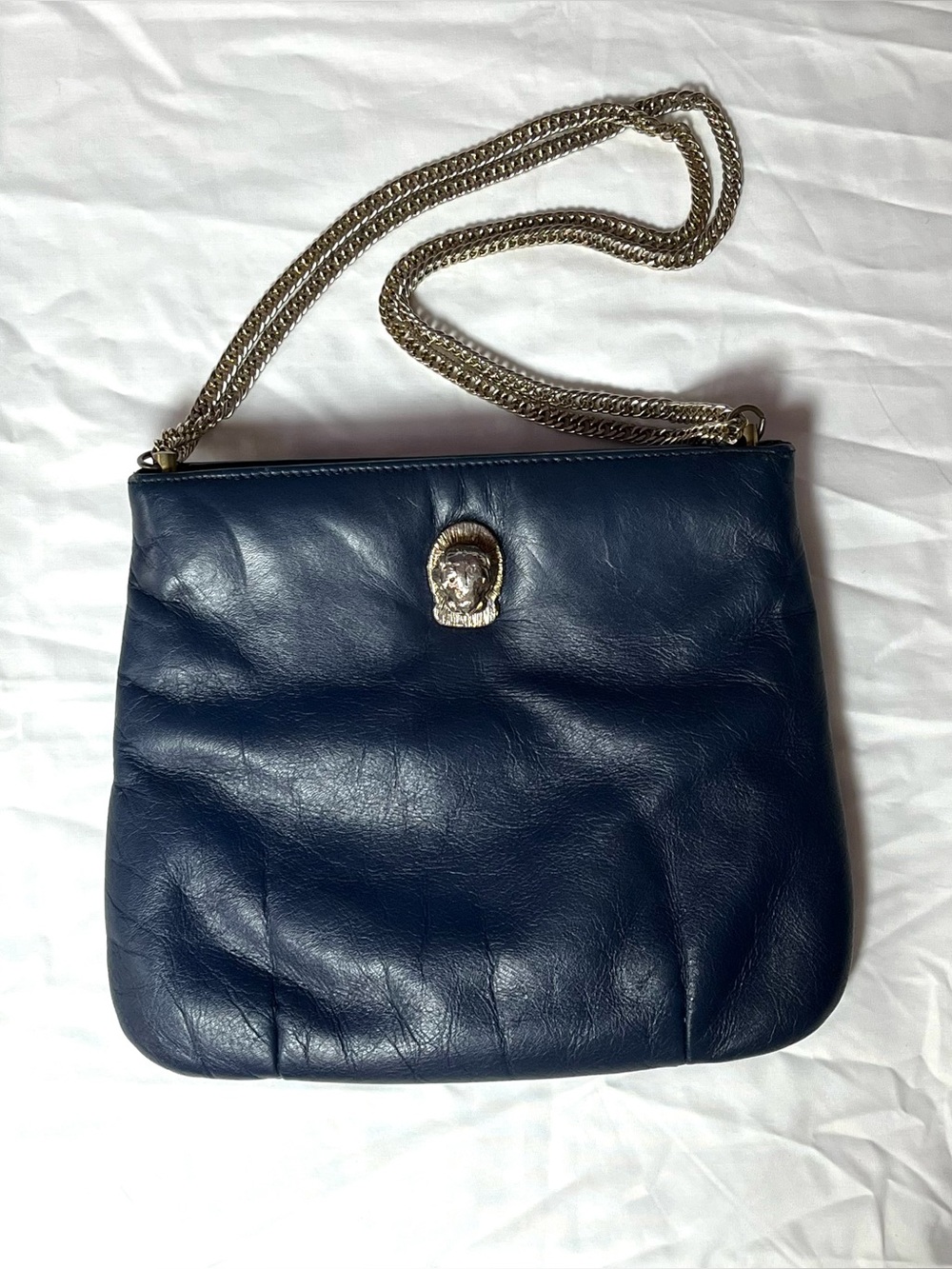 Vintage 70s Ruth Saltz Navy Leather Lion Head Chain Shoulder Bag